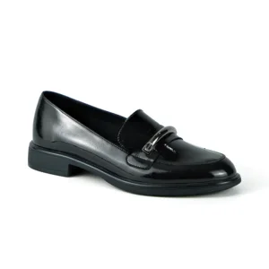 Women's Black Action Leather Loafers - Metal Buckle Low Block Heel Slip-On Office Casual Shoes 2026 Autumn