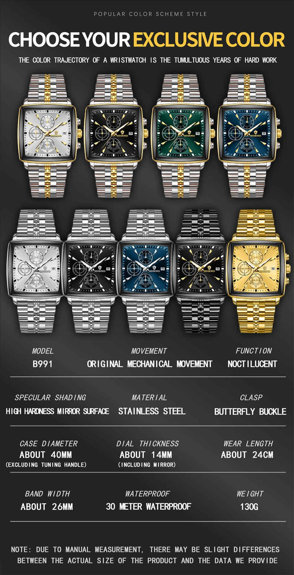 BINBOND Luxury Gold Blue Square 40mm Chronograph Dial Watch for Men B911