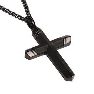 Top Selling Men's Necklace with Stainless Steel Cross Pendant Ebony Wood Inlay Chain-Fashionable Pendants Charms Necklace