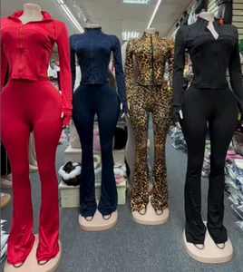 Viviblook Z918ST01 Casual Zip Patchwork Jacket Top Top Bodycon Pants Suits Autumn Winter Sports Outfits for Women 2 Piece Set