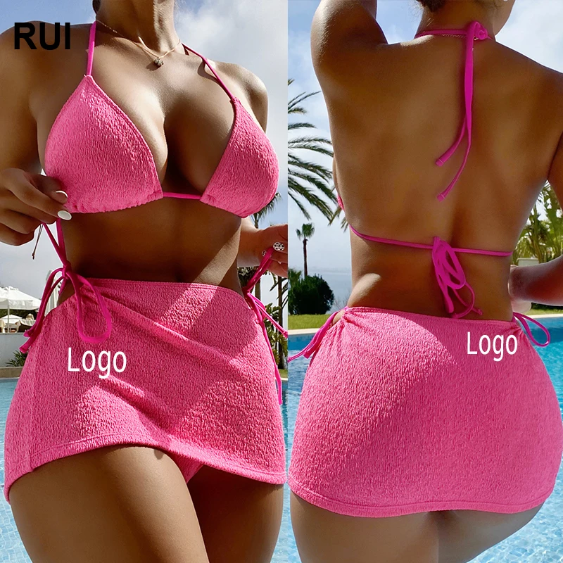 RUIQUWIN Wholesale Custom Women Sexy Bikini Set Halter Swimsuit With Adjustable Straps Beach Skirt Cover Up 3 Piece Swimwear Set