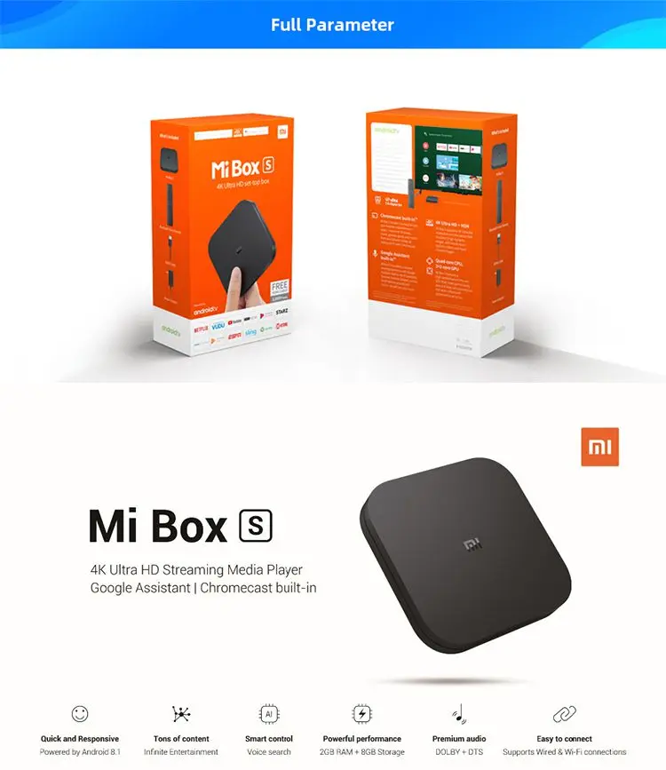 Xiaomi Mi Box S 4K Ultra HD Set-top Box, Android TV 6.0, 4K HDR,  Wi-Fi/Dolby/DTS RAM 2GB, ROM 8GB 