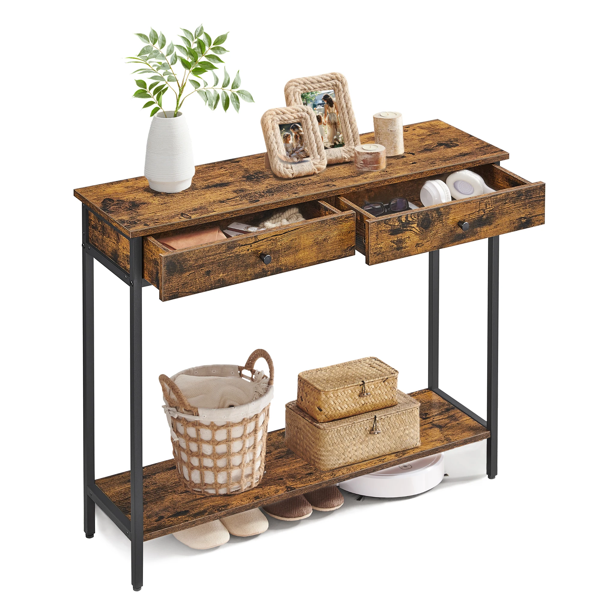 VASAGLE industrial style entrance table coffee table with 2 drawers ...