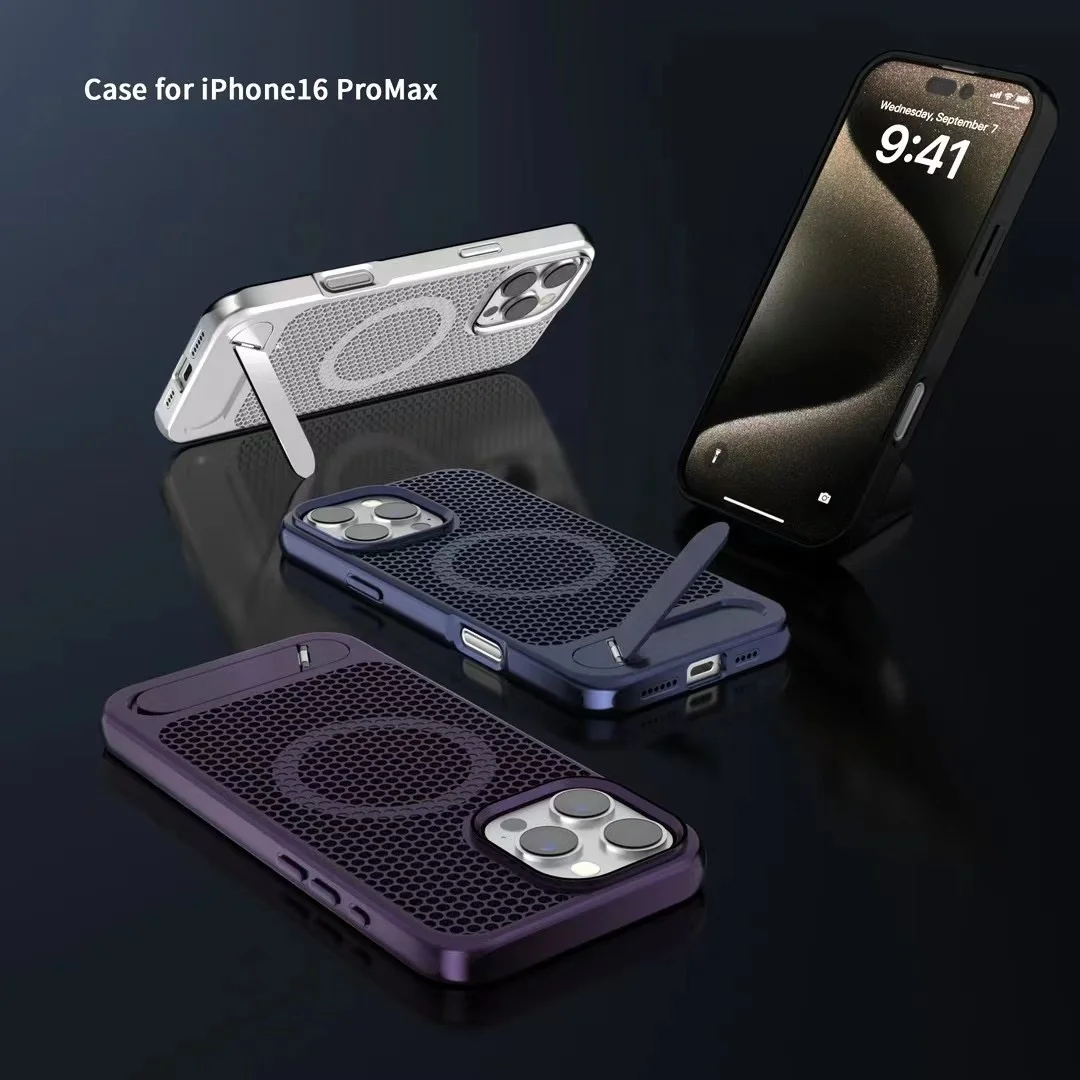 Custom Phone Case Manufacture 2024 Heat Dissipation Metallic Metal Kickstand Phone Case Shockproof Cover for iPhone 16 Case
