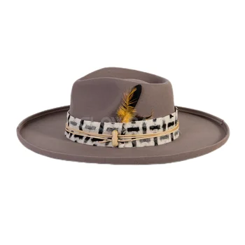 Wholesale New Wide Brim Fashion Vintage Wool Felt Fedora Pencil Brim Feather Hat Unisex