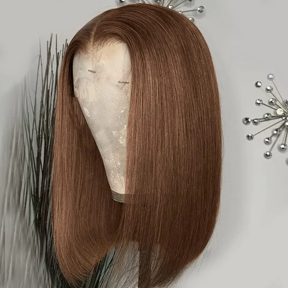 Dunkelbraune kurze Bob-Perücke aus Echthaar, gerade Lace-Front-Perücken für Frauen_voghion.com