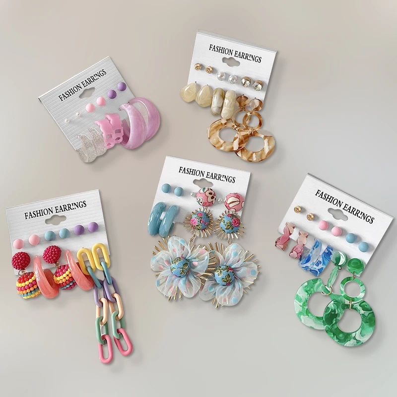 Korean Candy Colors Earrings Set For Women Girls Pink Color Heart Resin