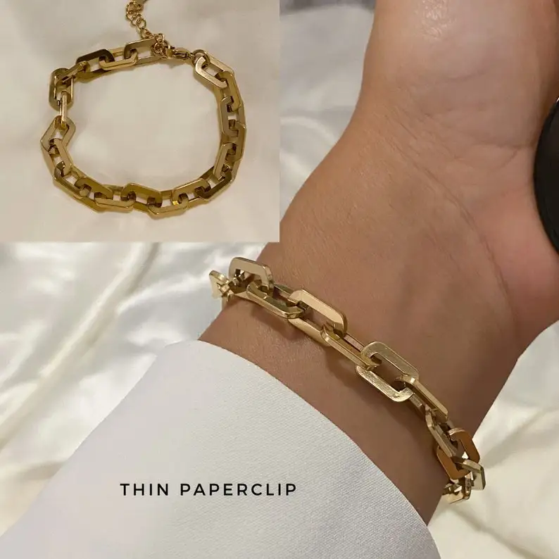 Bracelet Chaîne Trombone Or 18 Carats, Acier Inoxydable Plaqué Or, Motif Maillons, Modèle N831