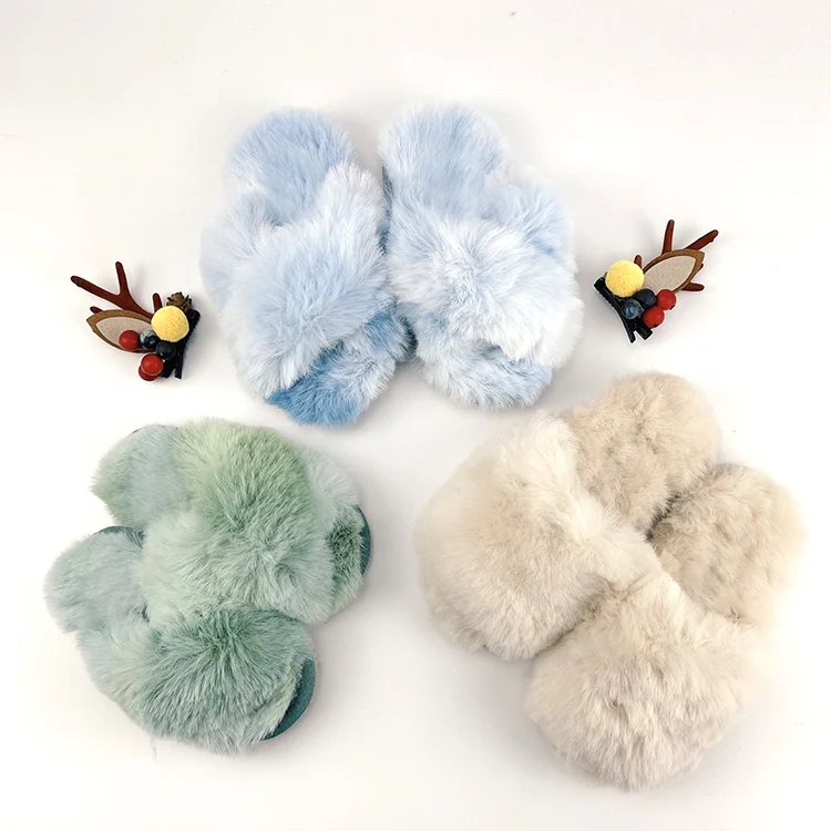 Модные пушистые сандалии-шлепанцы с имитацией кроличьего меха для девочек; Плюшевые домашние тапочки открытым носком