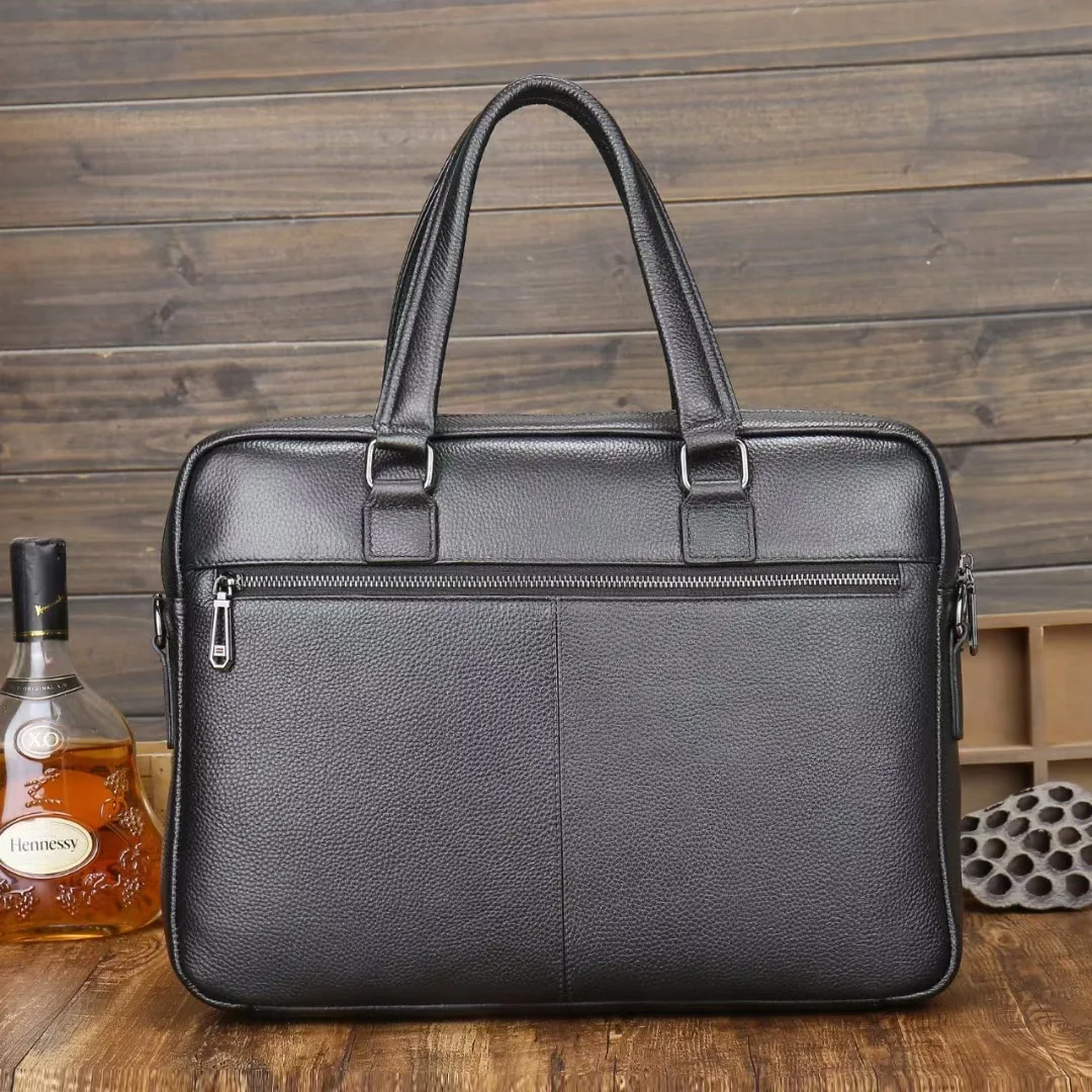 Custom Design Real Cow Leather Cow Hide 15.6 Inches Case Office Business Bag Black Pebble Leather Computer Laptop Briefcases