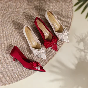 336-15 Women's Bride Wedding Shoes Slip-On Summer High Heels Rhinestone Bow Pointed Thin Heel
