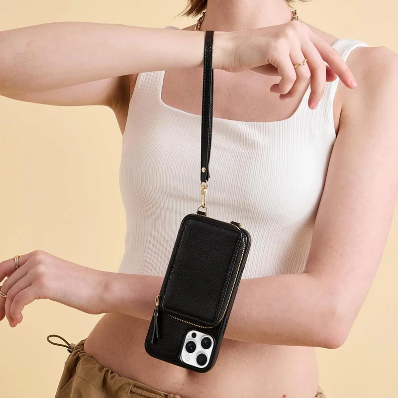 Genuine Leather Crossbody Zipper Wallet Magnetic Card Holder Wrist Strap Phone Case for 16 Pro Max Manufacturer