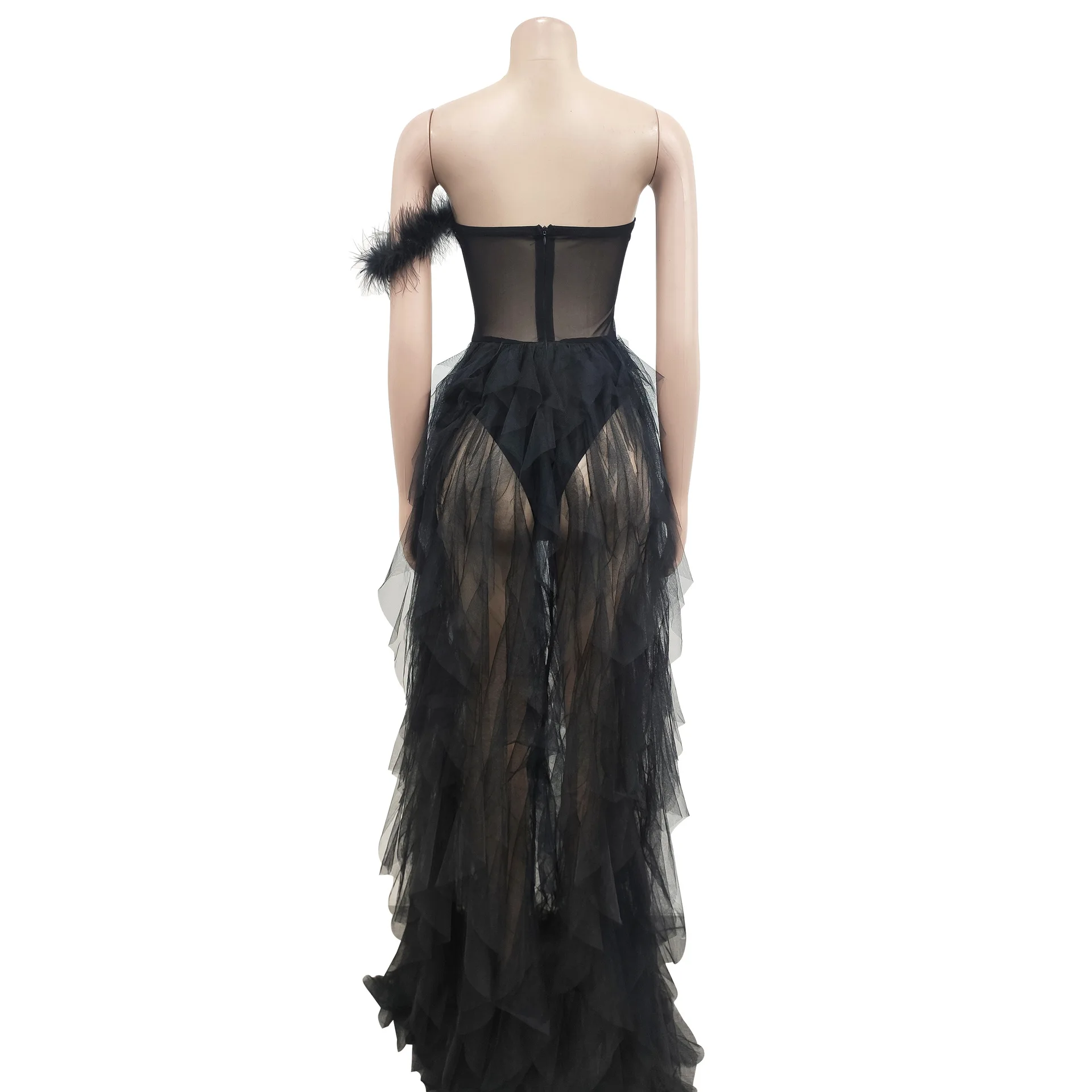 2023 New Luxury Backless Mesh Sheer Yarn Fur Prom Dresses Transparent