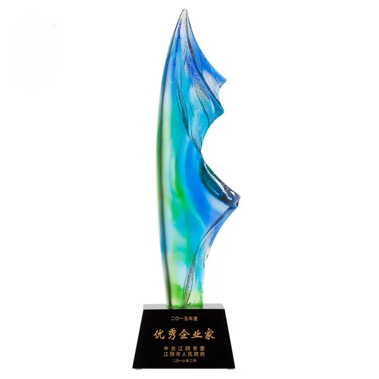 Small Bridge New Design Wholesale Glass Awards Trophies UV Printing Customize Anniversary Liuli Crystal Trophy supplier