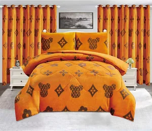 LILIANNA Borrego Comforter 7 Pcs Set for Winter Cold Warm Flannel Printed Patterns Luxury Borrego Blanket 7 Pcs with Curtain