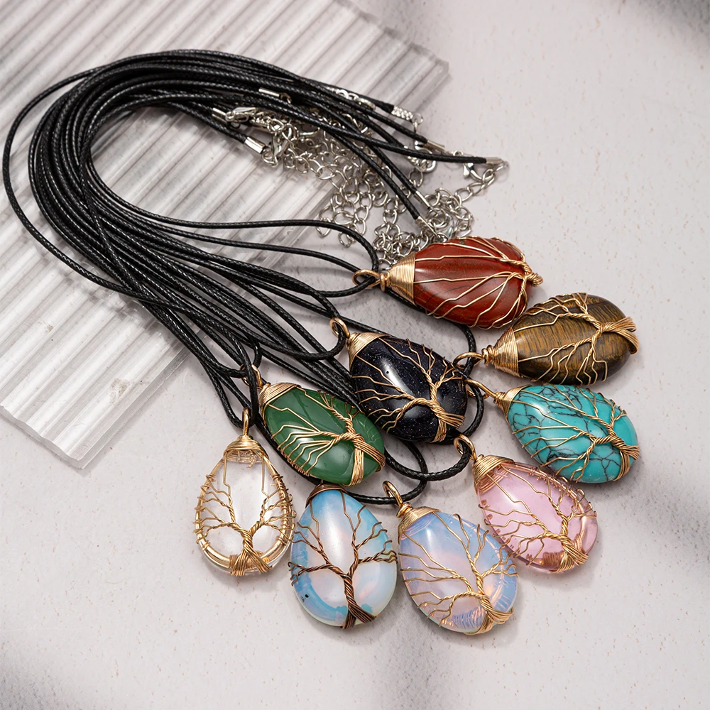 Healing Crystal Stone Necklace Tree of Life Wire Wrapped