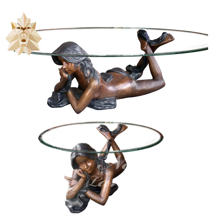 Home Decoration Metal Art Cast Brass Bronze Sexy Nude Woman Statue Sculpture Coffee Table For