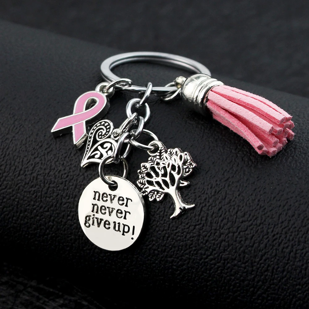New Arrival Breast Cancer Awareness Pink Ribbon Tassel Keychains Keyring  Heart Life Tree Never Give up Charms Key Chain Jewelry
