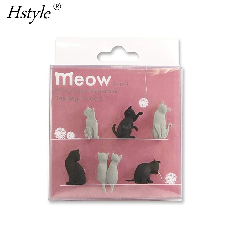 Wine Glass Drink Markers Set of 6 Cute Cat Glass Identifiers Reusable Glass Identifiers Tea Bag Holder for Cup SD2306
