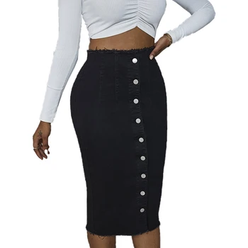 Black Bodycon Denim Skirt Women High Waist Slim Fitted Casual Button Front Pencil Skirt Female Wrap Midi Skirt