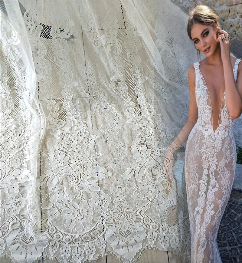 eyelash lace wedding dress Plus Size Long Sleeves Bodycon V-Neck Lace Top Wedding Dress with Chiffon