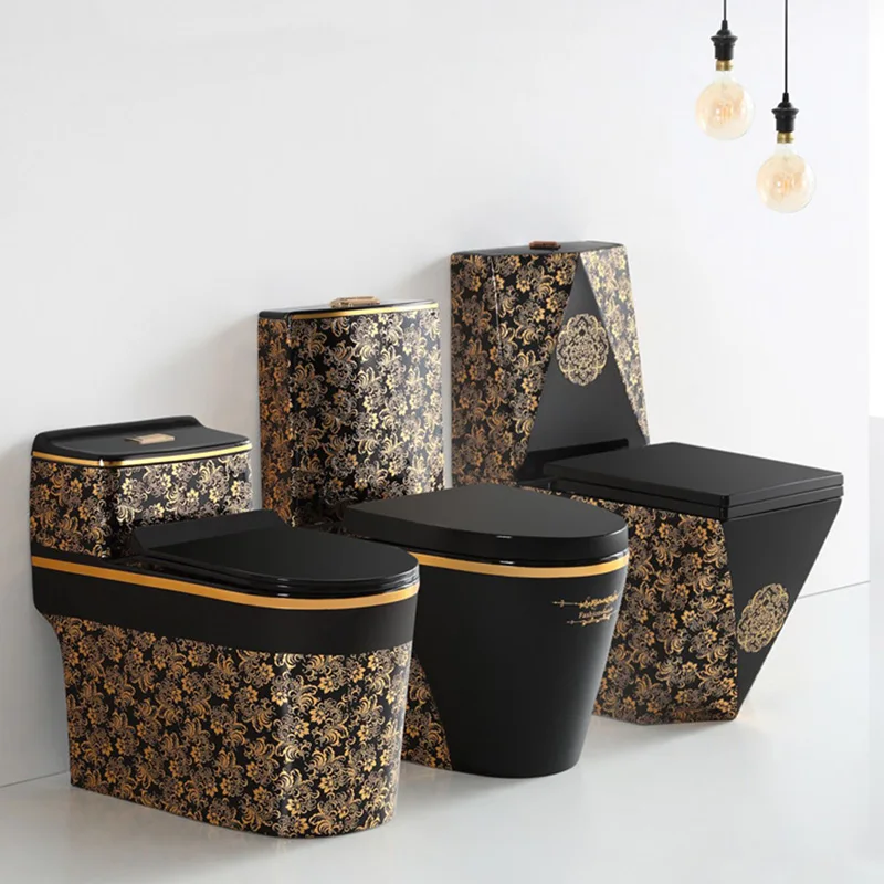 Hotel Fancy Black And Gold WC Dual Flush Siphon Luxury One Piece Bathroom Ceramic Gold Plated Toilet