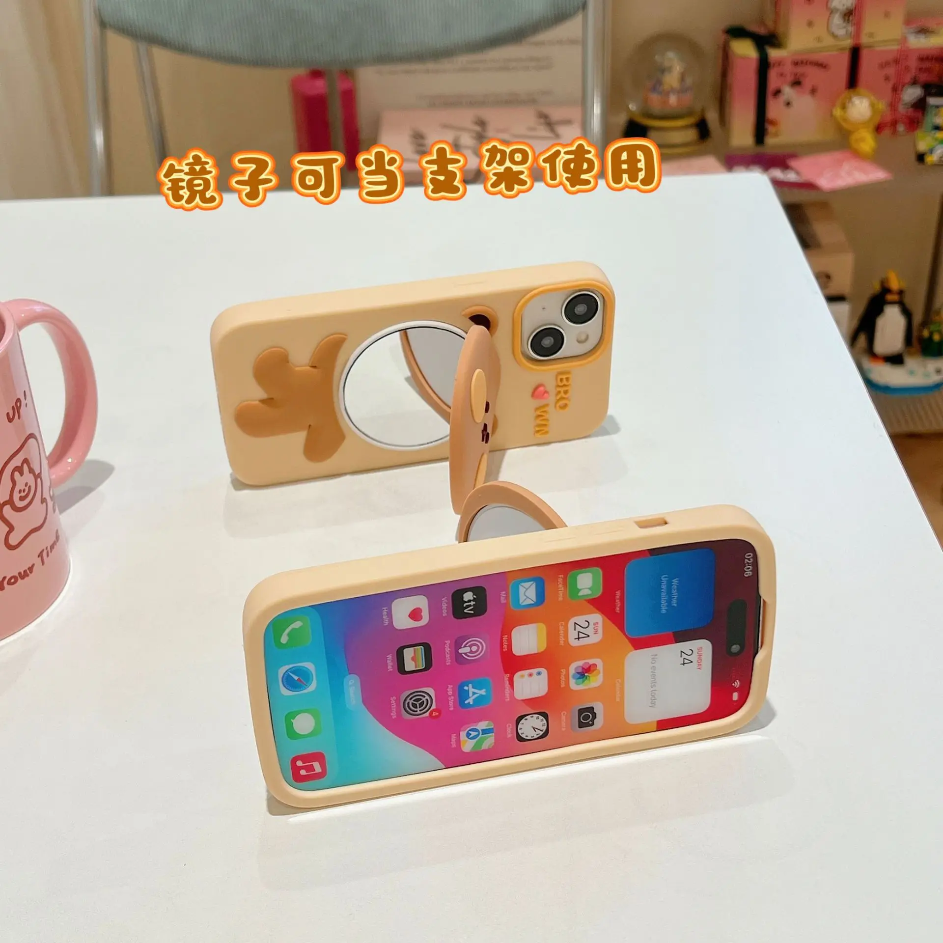 Silicone Cover with Make-up Mirror Kickstand Cute Pattern Designer Cartoon Phone Case for iPhone 13 Pro/14 Pro Max/15 Pro Max