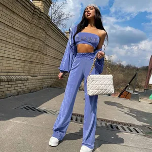 Spring Casual Strap Top Jogging Set Women Rhinestone 3 Pieces Tracksuit