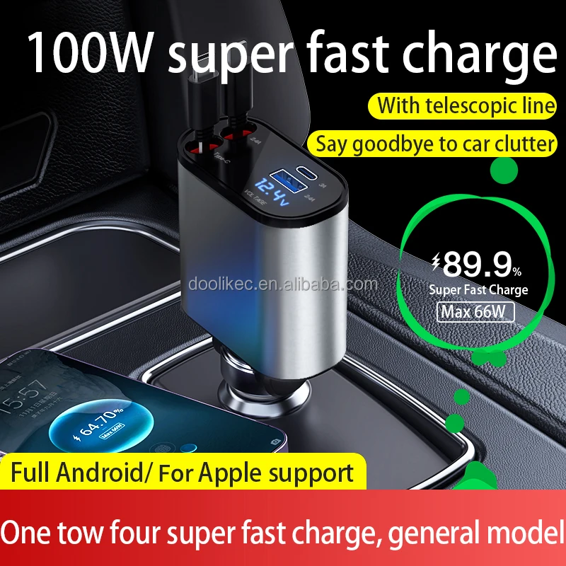 4in1 Multi-use 100W Fast Charging Car Charger Retractable Cable Car Charger for iPhone for Android Mobile Phones