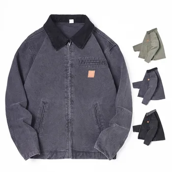 Retro trendy European and American style denim jacket Wear resistant bead canvas zipper style loose denim jacket