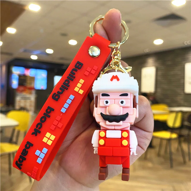 3D Cartoon Building Block Mario Keychain With Wrist Strap Wholesale Cute Car Key Chain Decorationsn Gift