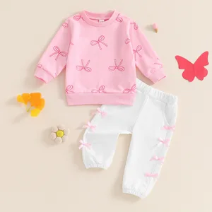 ODM/OEM Boutique Casual Breathable Kids Girls Clothing Sets Coquette Bow Sweatshirt Sweatsuit Worsted Fabric Polyester/Cotton