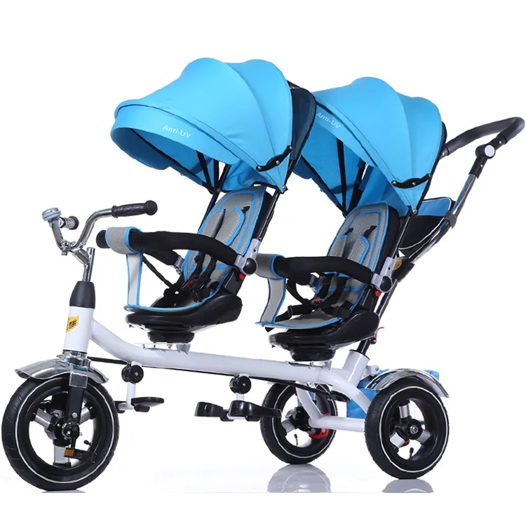 Kids Tandem Tricycle Double Seats Ride-On Trike With Parent Handle Blue ...