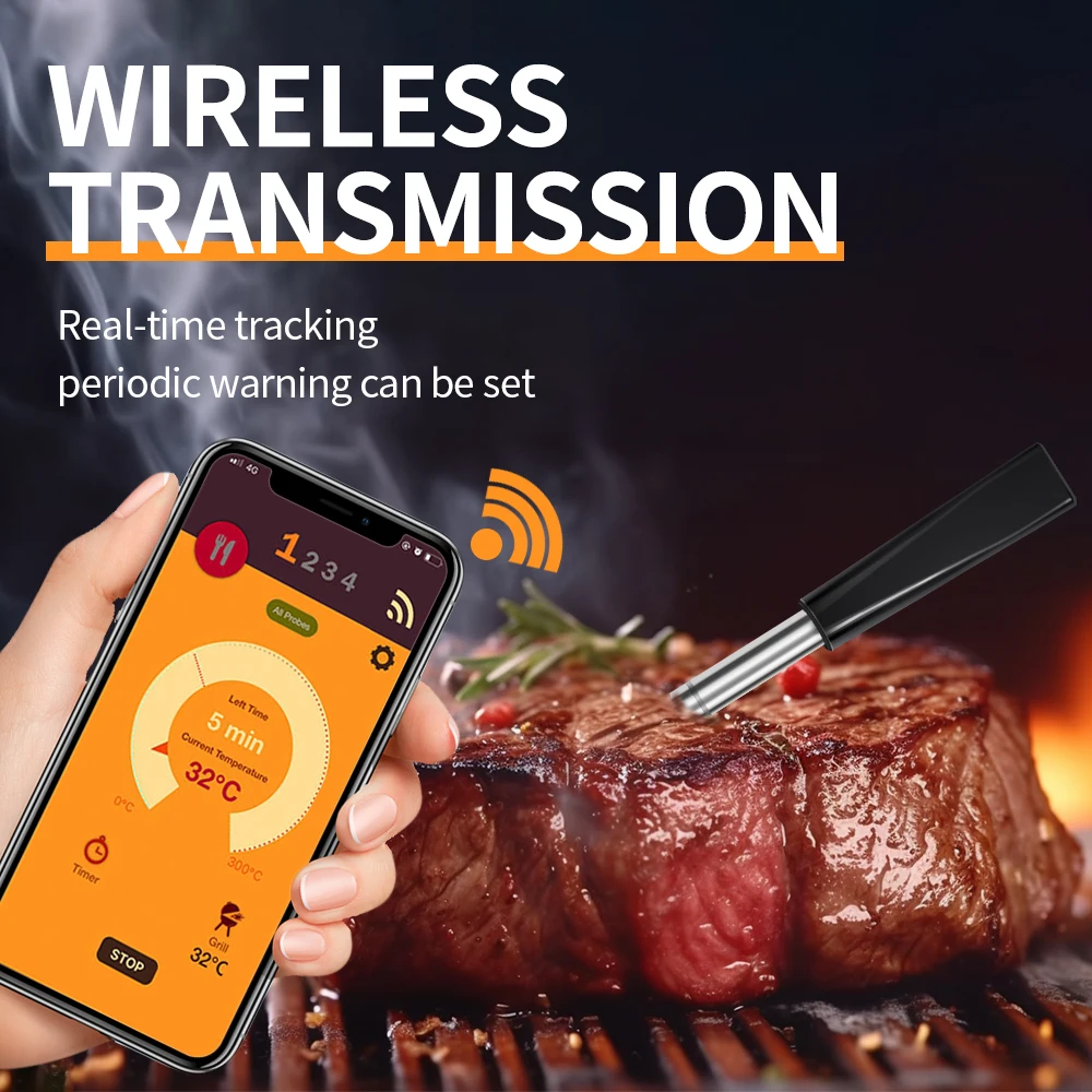 Bluetooth Wireless Food Thermometer Kitchen Bbq Probe Meat Thermometer  Cooking Food Water Milk Rechargeable Probe Kitchen