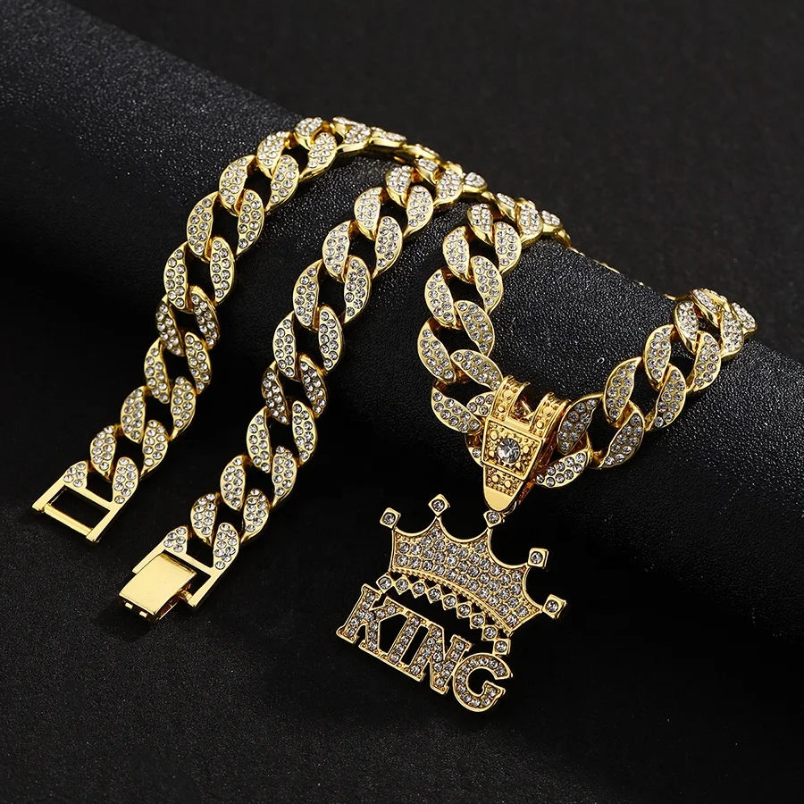 Hip Hop 15mm Iced Out Cuban Chain With Alloy and Full Diamond Crown Letter  king Pendant Necklace