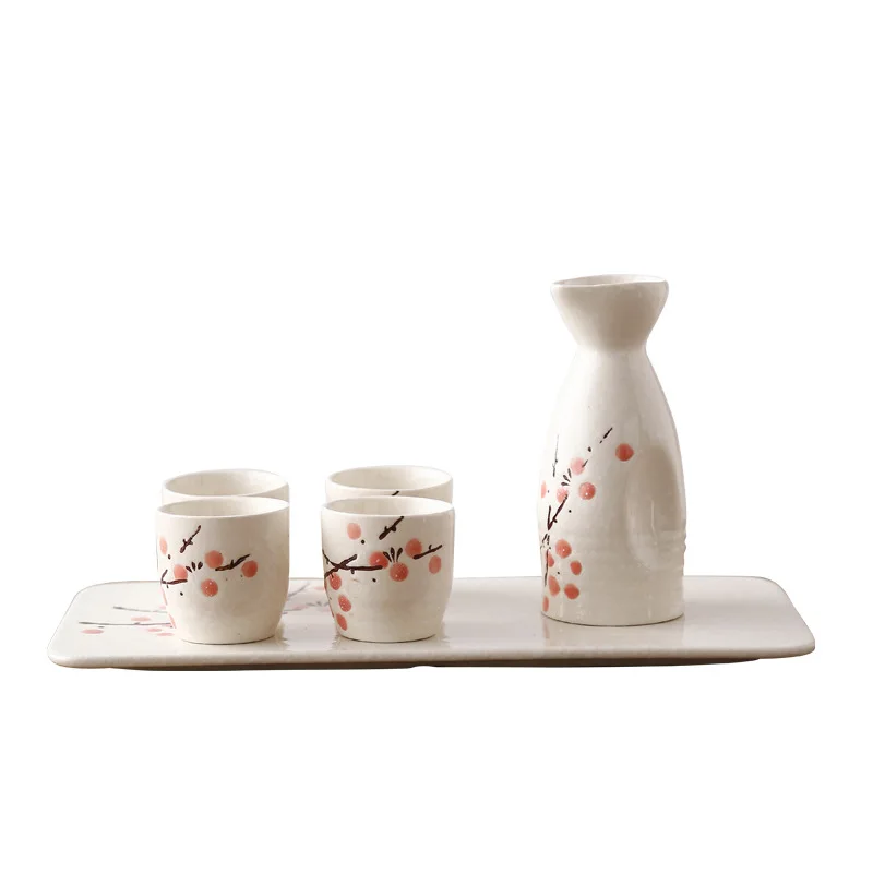 Japanese Style Sake Set Porcelain Decanter with Four Sake Cups for Warm and Cool Sake