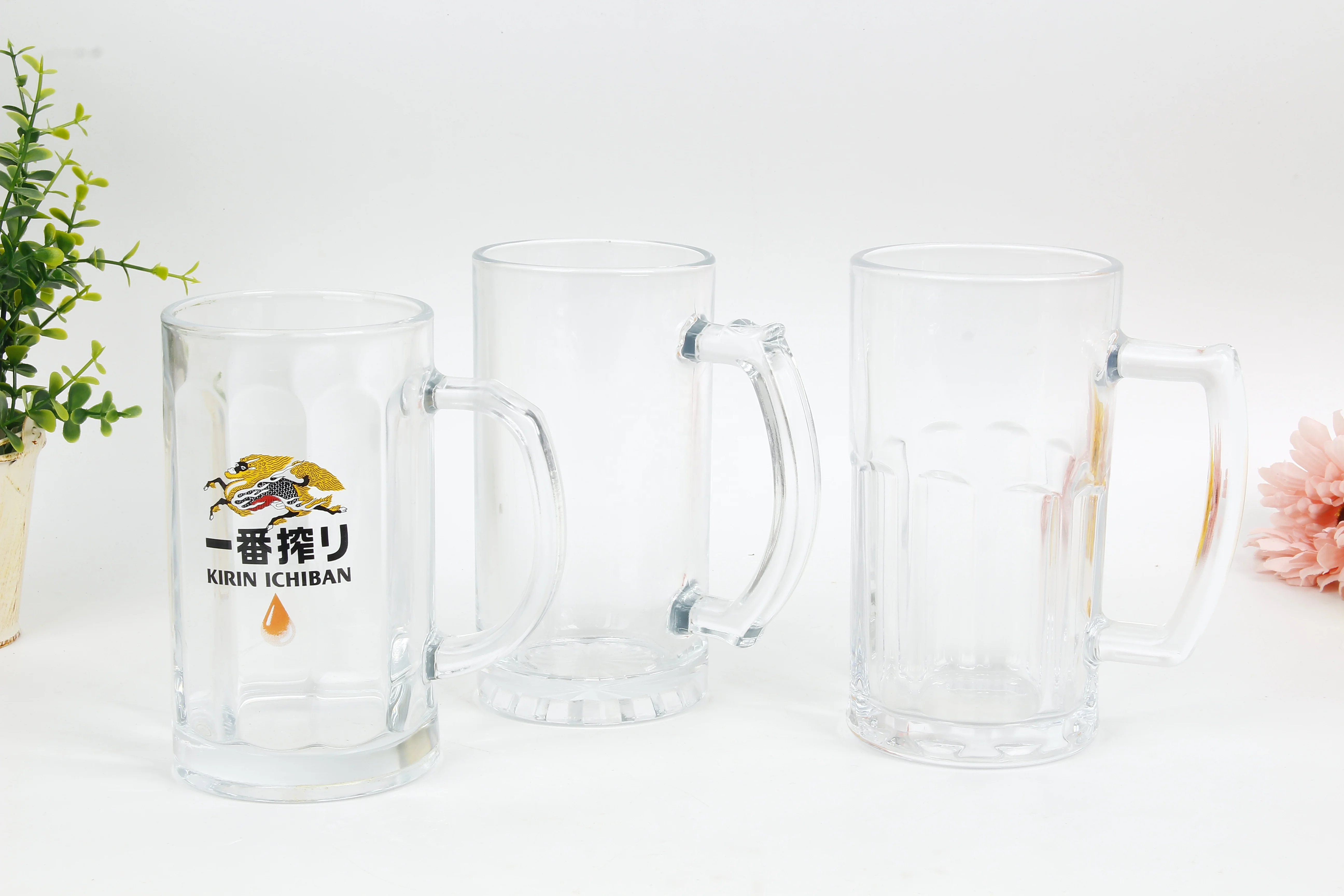 360ml clear Decal Printing logo Glass Beer Mug/thick Beer Glass Cup with Handle/rtl Glass
