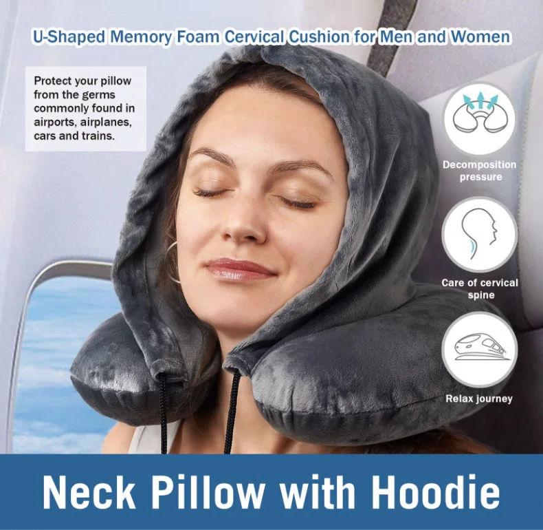 Custom Luxury Memory Foam Travel Neck Pillow With Hat Hoodie Washable U