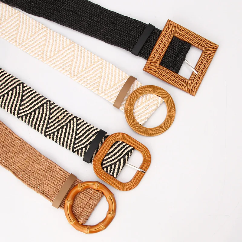 Shop Our Hot Sale Woven Elastic Waist Belts with Rattan Buckles display picture 1