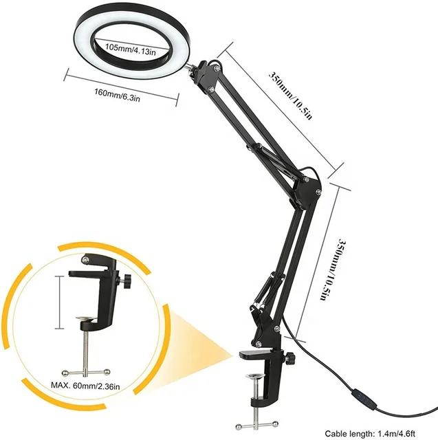 12W Metal Swing Arm Smart Led Desk Lamp Clip on 3 Color Modes 10-level Dimming Magnifying Desk Lamp