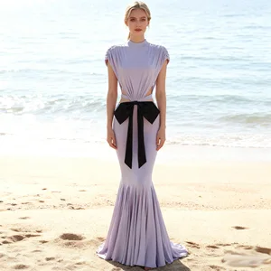Factory Wholesale New Design Midi Sexy Dress Women Summer Bow Backless Midriff-Baring Purple Socialite Parties Performances Wear
