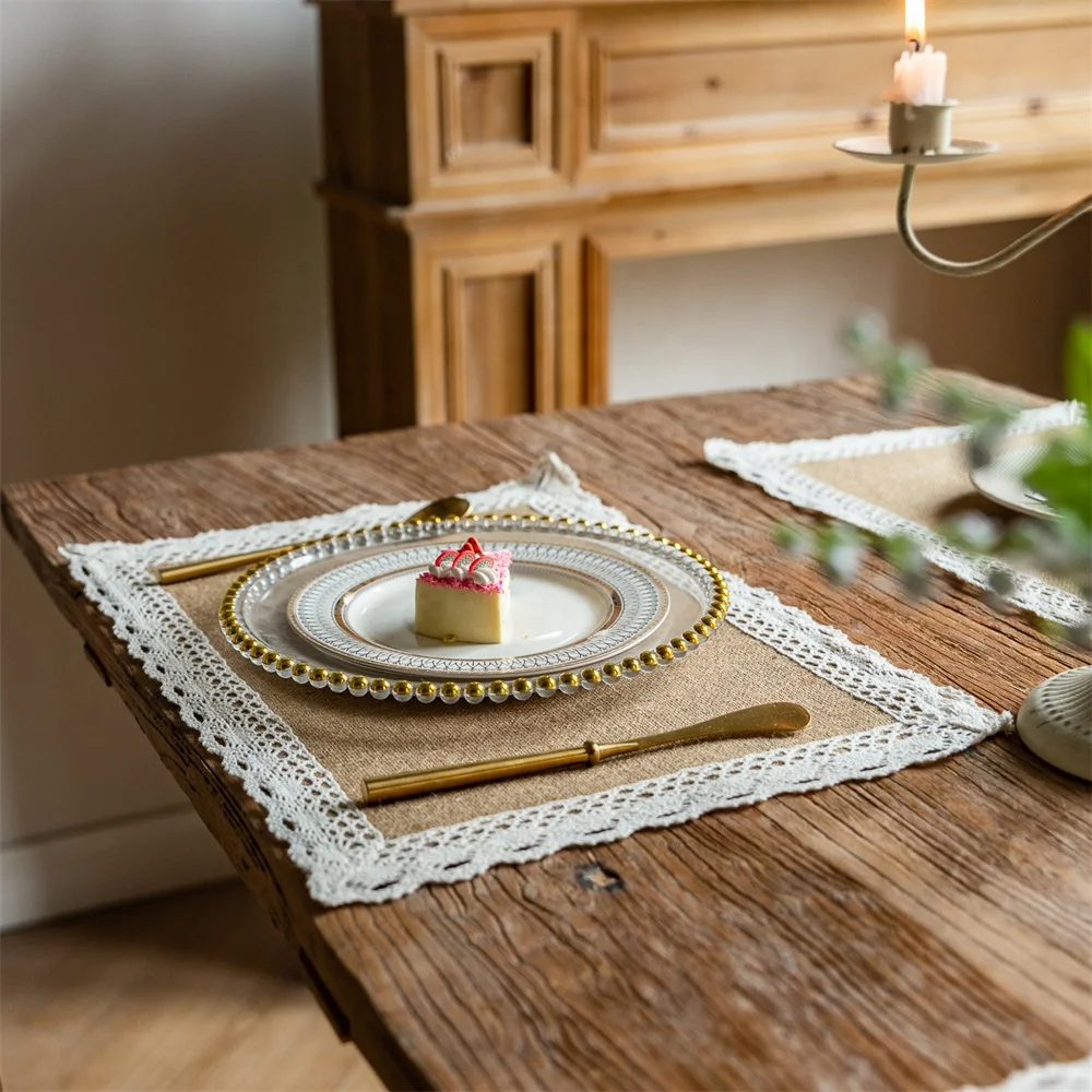 Burlap Braided Placemats for Dining Tables Heat Resistant Jute Table Mats  Farmhouse Woven Natural Place Mats with White Lace