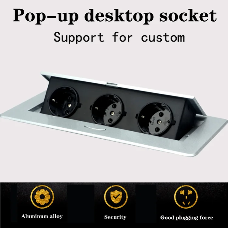 Three EU standard power socket information boxes are hidden with built-in black silver slow ejection meeting desktop socket