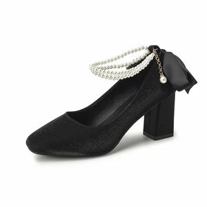 Fashionable Black Textured Fabric Heeled Sandals Square Toe Block Heel Pearl Ankle Chain Bow Accent Comfortable Lining Summer