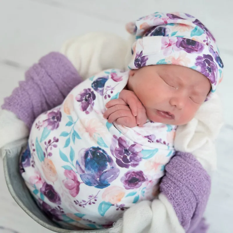 03m 3pcs Infant Floral Swaddle Wrap With Headbands Hats Set Newborn