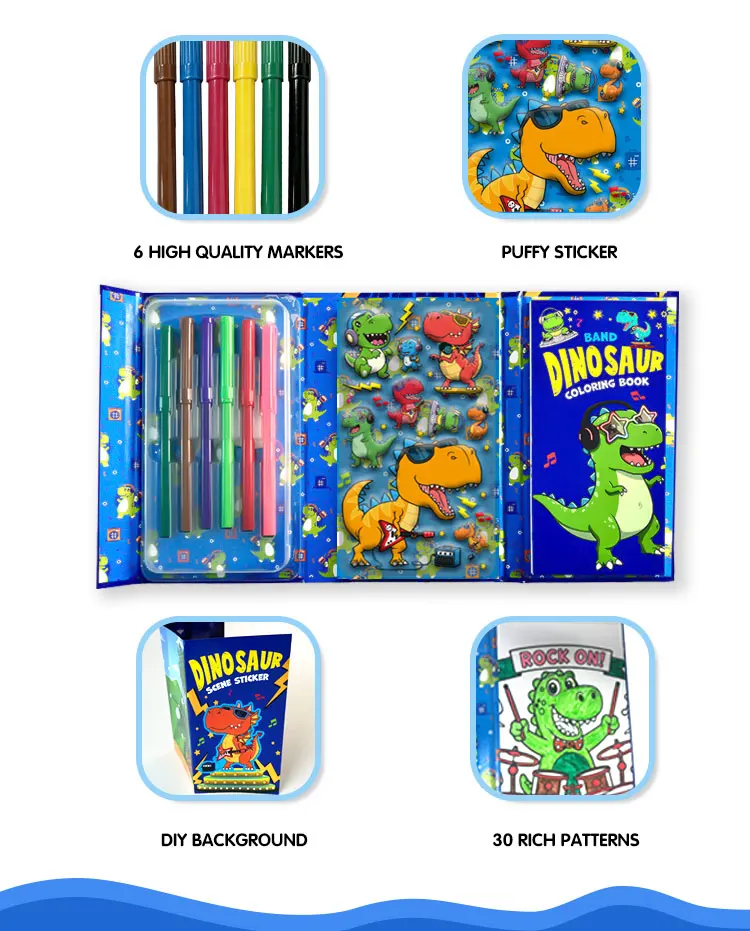 product custom new cognition tri fold dinosaur band creative scene reusable puffy stickers coloring book set for kids student-7