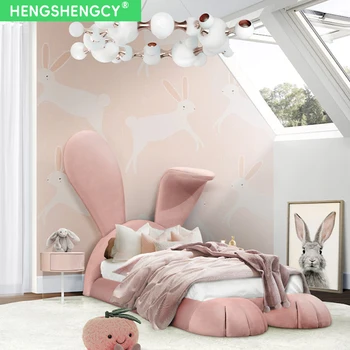 Luxury Soft bed For Children Princess Pink Cartoon Rabbit Mr Solid Wood Upholstered Bed