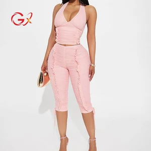 GX25562 Wholesale 2025 Elegant Women Boutique Casual Street Wear Halter V-neck Sleeveless Cropped Top and Half Pant 2 Piece Set