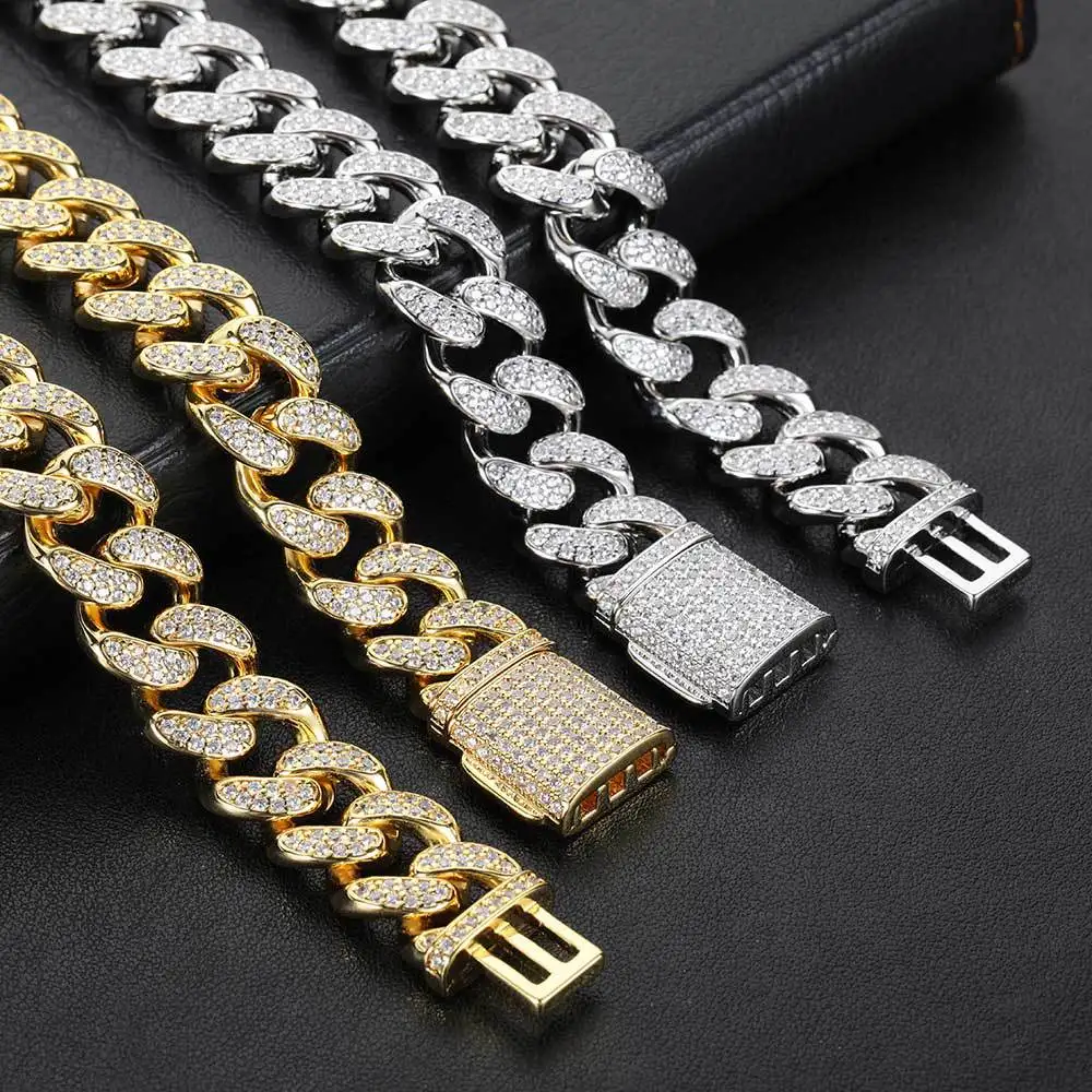 Fashion Jewelry Iced Out Flip Buckle 8mm 10mm Stainless Steel Gold Miami  Cuban Link Chain Necklace
