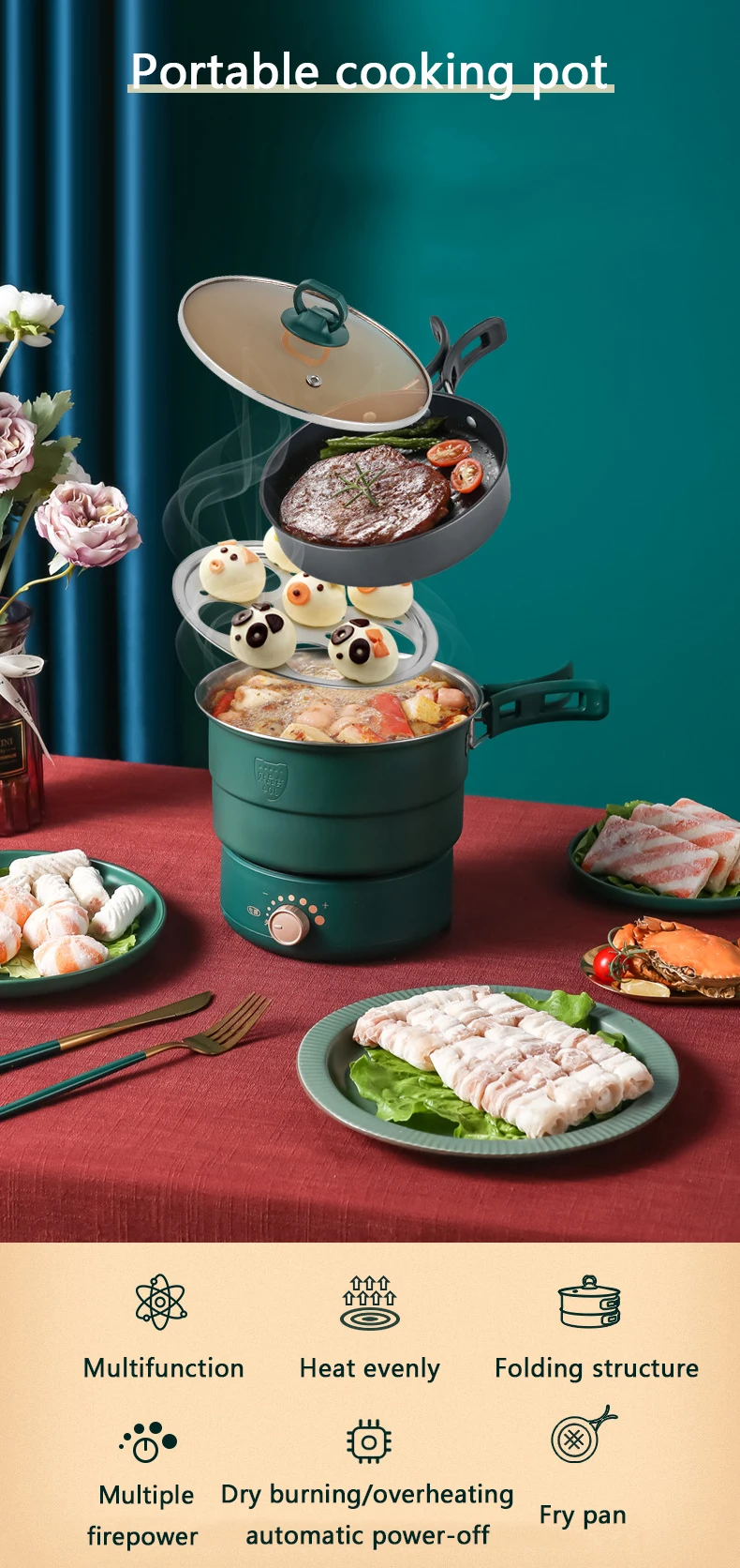 110/220V Electric Split Cooking Pot Foldable Multicooker Frying Pan Hotpot Steamer Rice Cooker Soup Maker Water Boiler Travel